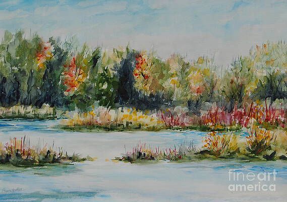 A painting of a white house with a red roof on a dirt road.