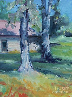 A painting of two trees in front of a house.
