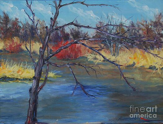 A painting of a tree in a field next to a body of water.