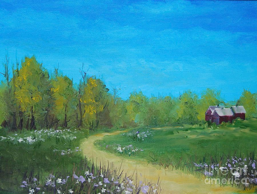A painting of a path leading to a barn in a field.