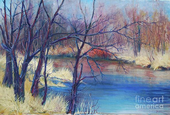 A painting of a river with trees in the foreground and a bridge in the background.