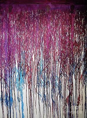 A close up of a purple and blue painting on a wall.