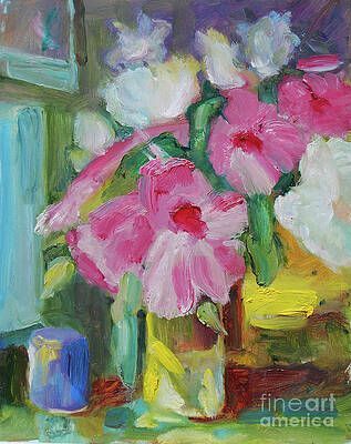 A painting of pink and white flowers in a vase on a table.