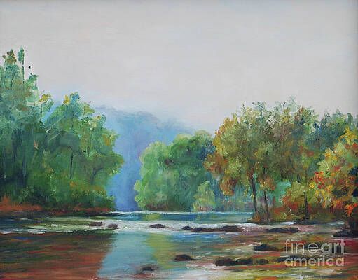 It is a painting of a river surrounded by trees.