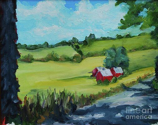 A painting of a farm with a red barn in the middle of a field.