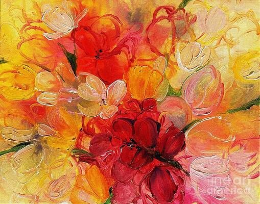 A painting of a bunch of red and yellow flowers on a yellow background.