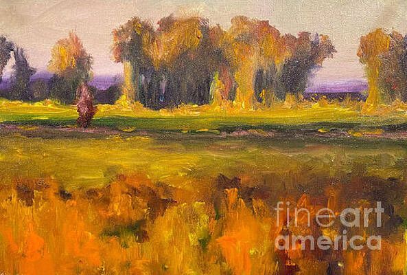 It is a painting of a field with trees in the background.