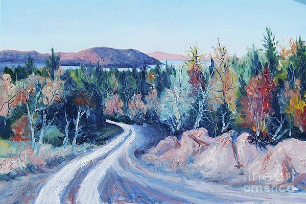 It is a painting of a road going through a forest.