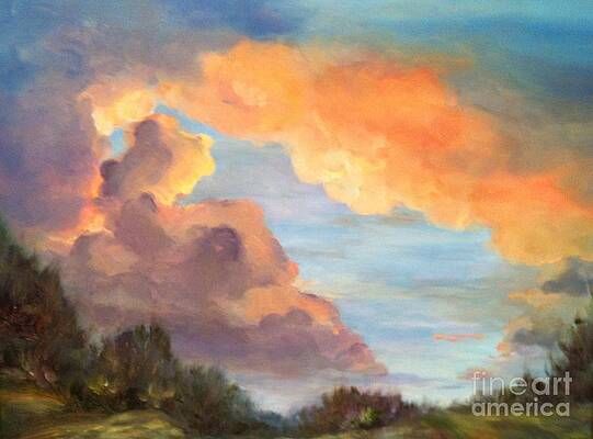 It is a painting of a sunset with clouds in the sky.