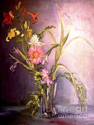 A painting of a potted plant on a table in front of a window.