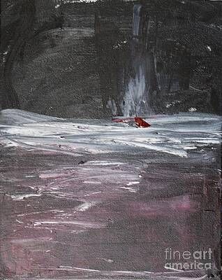 A painting of a waterfall with a red umbrella in the foreground.