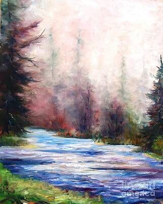 It is a painting of a river surrounded by trees.