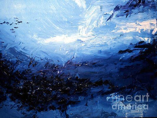 A painting of a flock of birds swimming in the ocean.