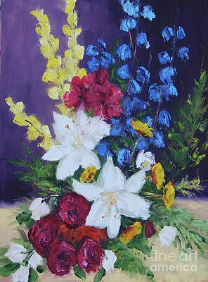 A painting of a bouquet of flowers in a vase on a table.