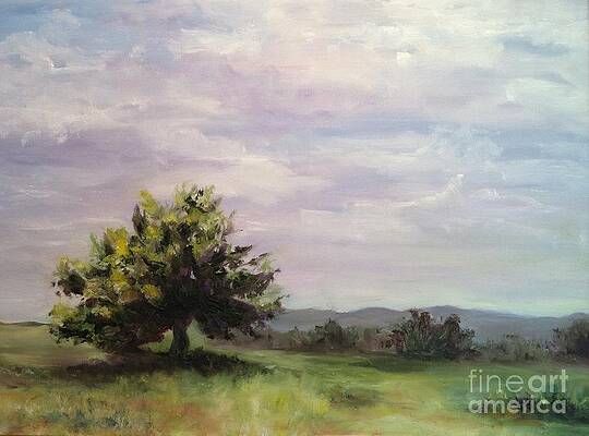 A painting of a tree in a field with mountains in the background.