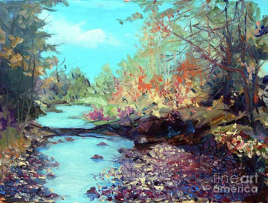 It is a painting of a river surrounded by trees.