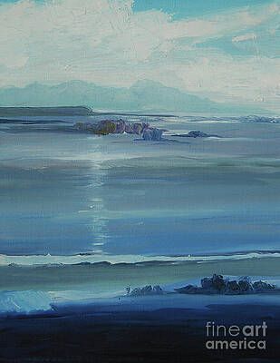 It is a painting of a beach with mountains in the background.