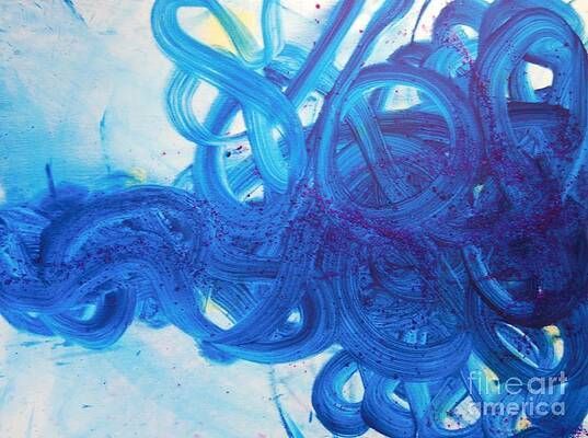 A close up of a blue and purple painting on a white surface.