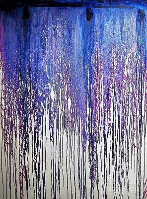 A close up of a painting of purple and blue lines on a white background.
