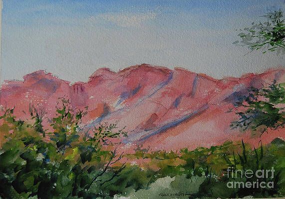 A watercolor painting of a mountain range with trees in the foreground.