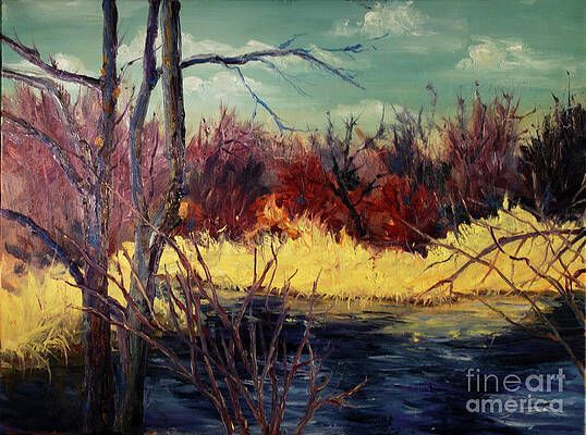 A painting of a swamp with trees and shrubs in the foreground and a body of water in the background.