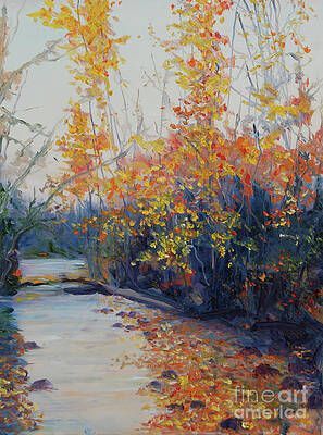 It is a painting of a river surrounded by trees and leaves.