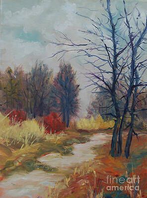 It is a painting of a path in the woods.