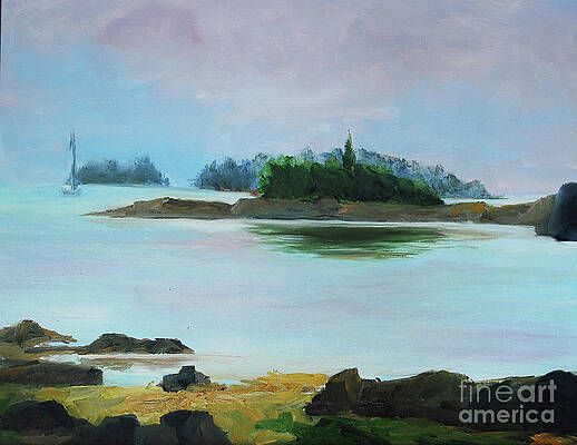 A painting of a small island in the middle of a body of water.