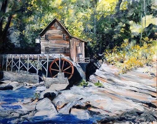 A painting of a water mill in the woods with a water wheel.