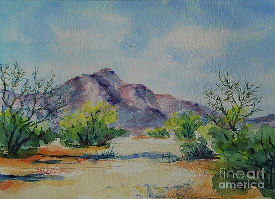 A watercolor painting of a desert landscape with mountains in the background.