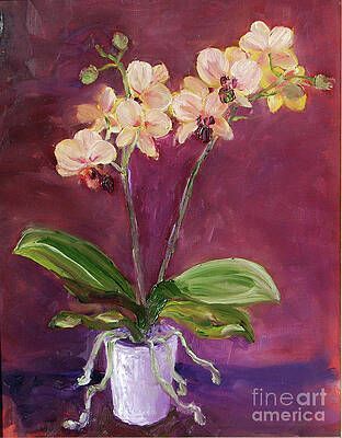 A painting of a potted orchid on a purple background.