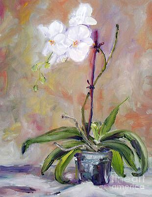 A painting of a white orchid in a pot on a table.