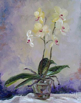 A painting of a yellow orchid in a vase on a table.