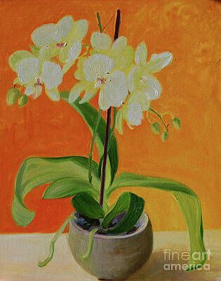 A painting of a white orchid in a pot on a table.