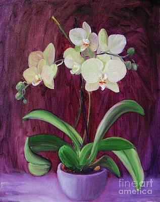 A painting of white orchids in a purple pot on a table.