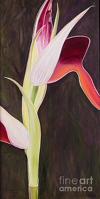 A close up of a painting of a flower on a dark background.