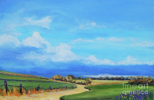 It is a painting of a dirt road going through a field.