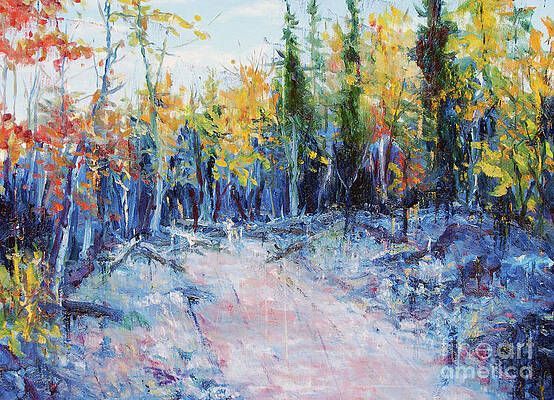 It is a painting of a path in the woods surrounded by trees.