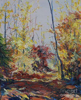 It is a painting of a forest with trees and leaves.