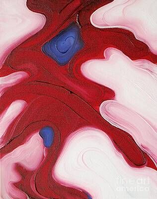 A close up of a painting of a red , white and blue swirl.