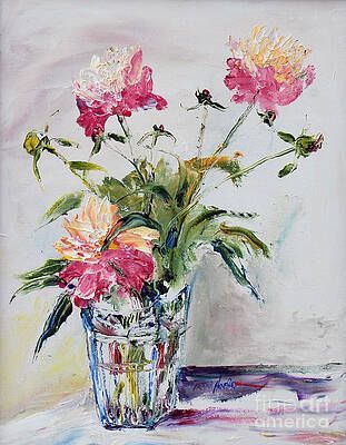 A painting of flowers in a glass vase on a table.