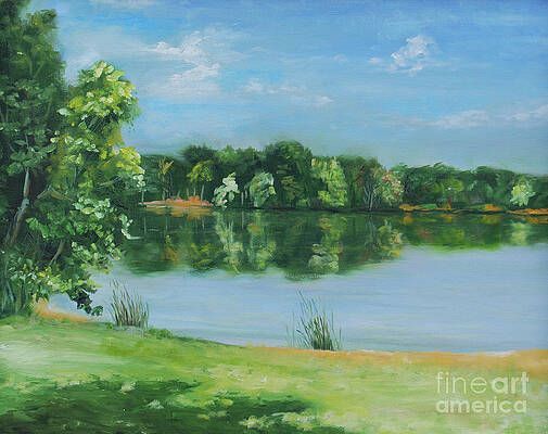 It is a painting of a lake with trees in the background.