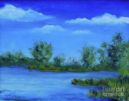 A painting of a lake with trees on the shore and a blue sky with clouds.