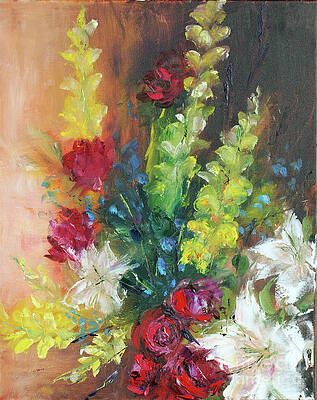 A painting of flowers in a vase on a table.