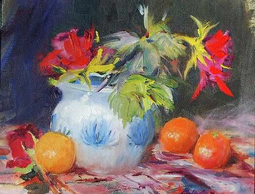 A painting of a vase of flowers and oranges on a table.