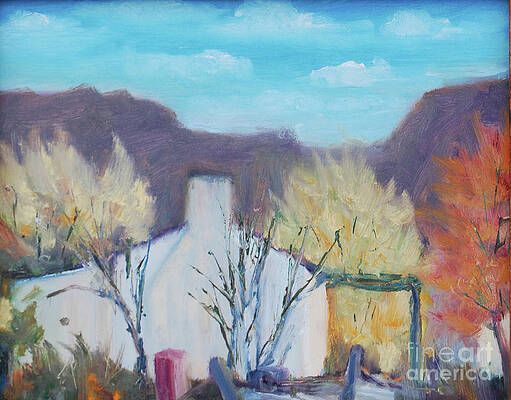 It is a painting of a house with mountains in the background.