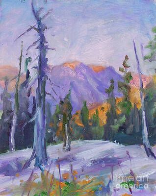 A painting of a snowy forest with mountains in the background.