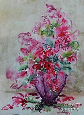 A watercolor painting of a vase filled with pink flowers.