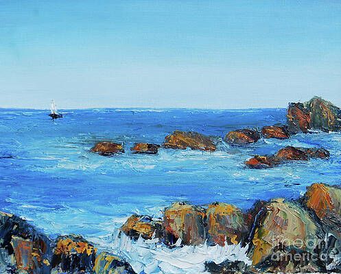 It is a painting of a sailboat in the ocean.