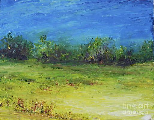 It is a painting of a field with trees in the background.